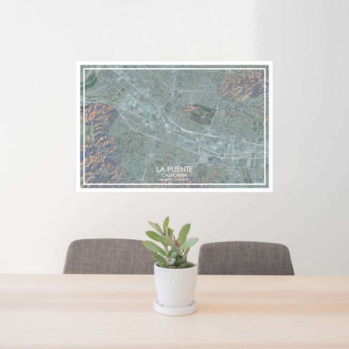 24x36 La Puente California Map Print Lanscape Orientation in Afternoon Style Behind 2 Chairs Table and Potted Plant