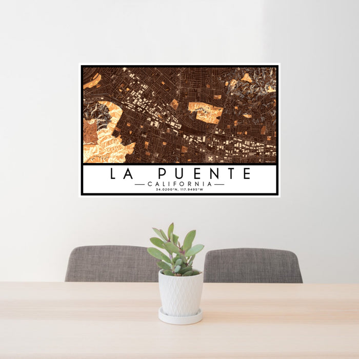 24x36 La Puente California Map Print Lanscape Orientation in Ember Style Behind 2 Chairs Table and Potted Plant
