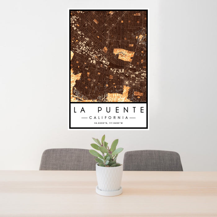 24x36 La Puente California Map Print Portrait Orientation in Ember Style Behind 2 Chairs Table and Potted Plant