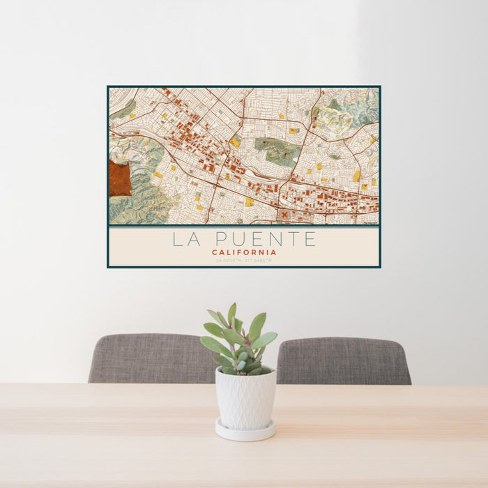 24x36 La Puente California Map Print Lanscape Orientation in Woodblock Style Behind 2 Chairs Table and Potted Plant