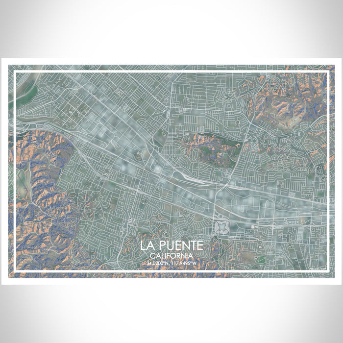 La Puente California Map Print Landscape Orientation in Afternoon Style With Shaded Background