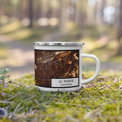 Right View Custom La Puente California Map Enamel Mug in Ember on Grass With Trees in Background