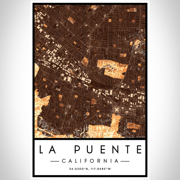 La Puente California Map Print Portrait Orientation in Ember Style With Shaded Background