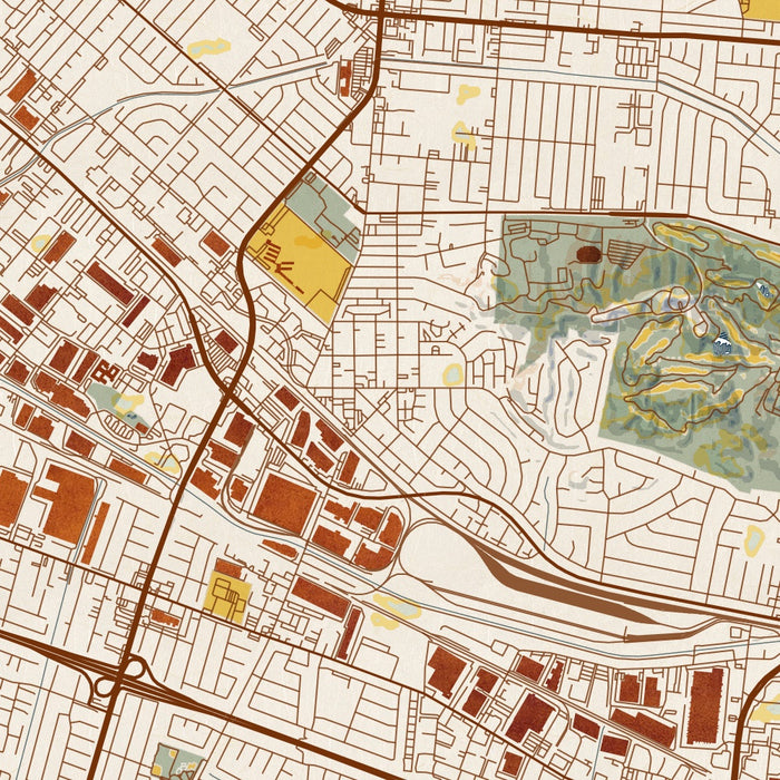 La Puente California Map Print in Woodblock Style Zoomed In Close Up Showing Details