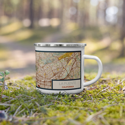 Right View Custom La Puente California Map Enamel Mug in Woodblock on Grass With Trees in Background