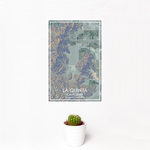 12x18 La Quinta California Map Print Portrait Orientation in Afternoon Style With Small Cactus Plant in White Planter