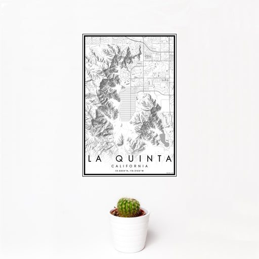 12x18 La Quinta California Map Print Portrait Orientation in Classic Style With Small Cactus Plant in White Planter