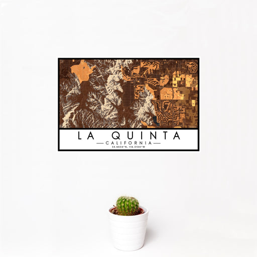 12x18 La Quinta California Map Print Landscape Orientation in Ember Style With Small Cactus Plant in White Planter