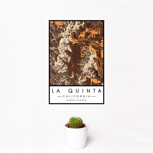 12x18 La Quinta California Map Print Portrait Orientation in Ember Style With Small Cactus Plant in White Planter