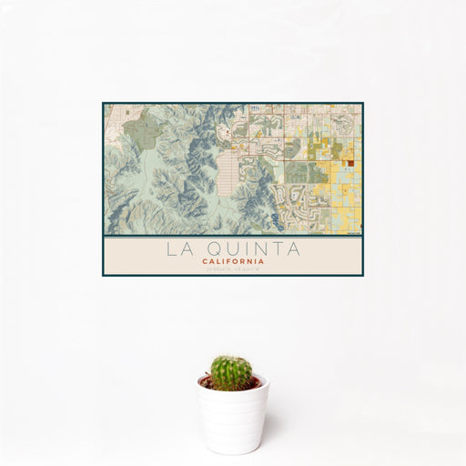 12x18 La Quinta California Map Print Landscape Orientation in Woodblock Style With Small Cactus Plant in White Planter