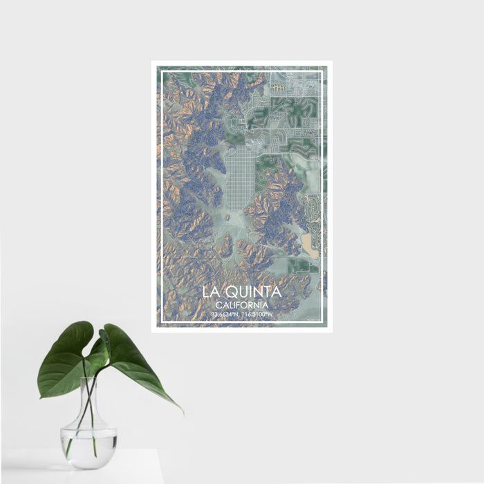 16x24 La Quinta California Map Print Portrait Orientation in Afternoon Style With Tropical Plant Leaves in Water