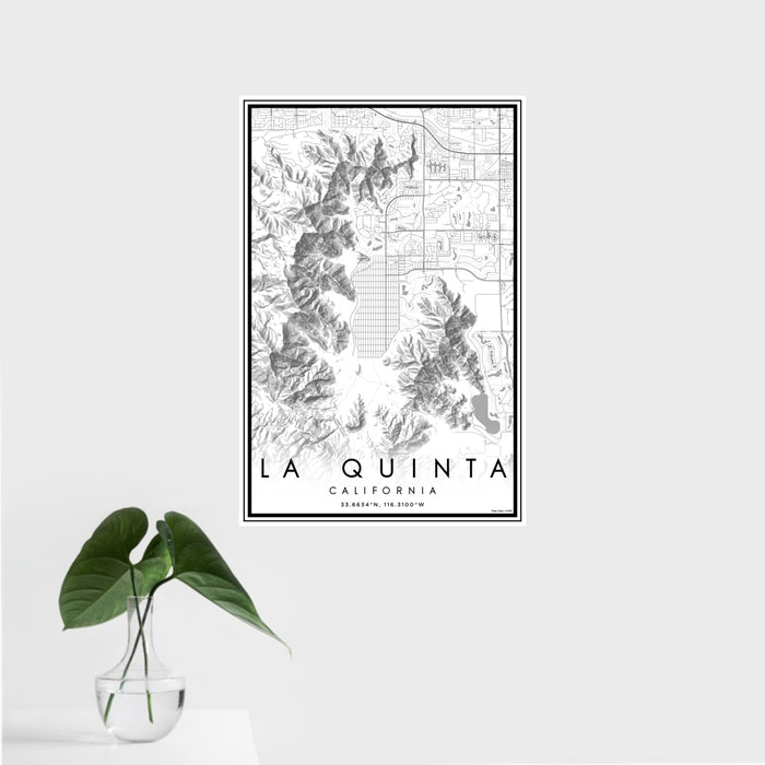 16x24 La Quinta California Map Print Portrait Orientation in Classic Style With Tropical Plant Leaves in Water
