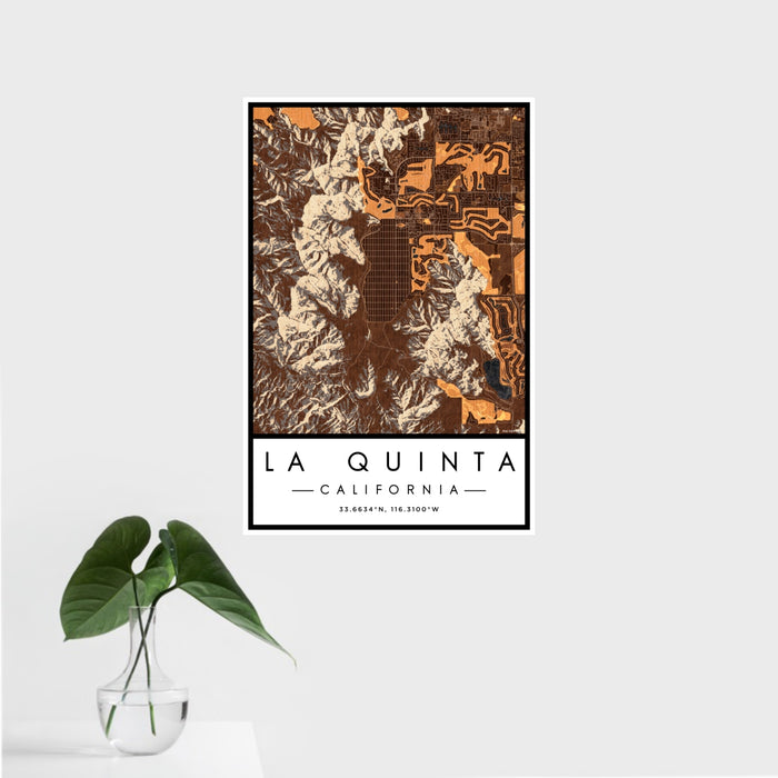 16x24 La Quinta California Map Print Portrait Orientation in Ember Style With Tropical Plant Leaves in Water