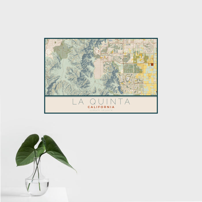 16x24 La Quinta California Map Print Landscape Orientation in Woodblock Style With Tropical Plant Leaves in Water