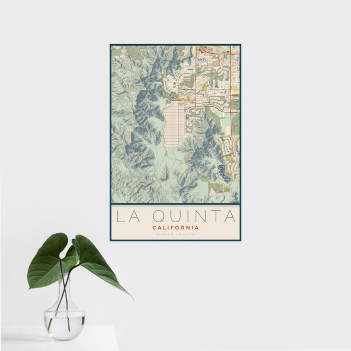 16x24 La Quinta California Map Print Portrait Orientation in Woodblock Style With Tropical Plant Leaves in Water