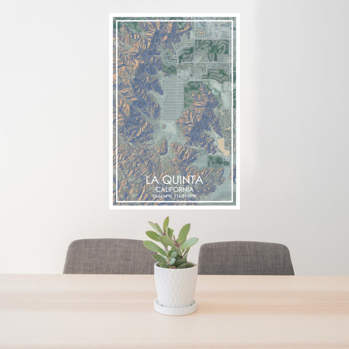 24x36 La Quinta California Map Print Portrait Orientation in Afternoon Style Behind 2 Chairs Table and Potted Plant