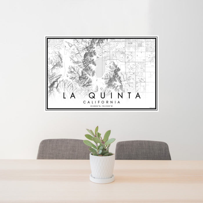 24x36 La Quinta California Map Print Lanscape Orientation in Classic Style Behind 2 Chairs Table and Potted Plant
