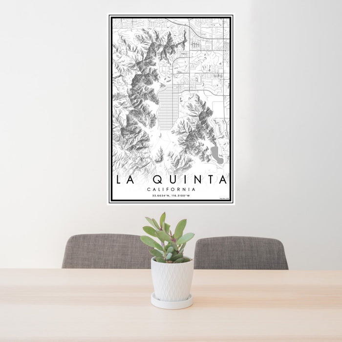 24x36 La Quinta California Map Print Portrait Orientation in Classic Style Behind 2 Chairs Table and Potted Plant