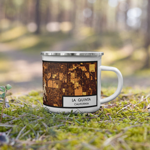 Right View Custom La Quinta California Map Enamel Mug in Ember on Grass With Trees in Background
