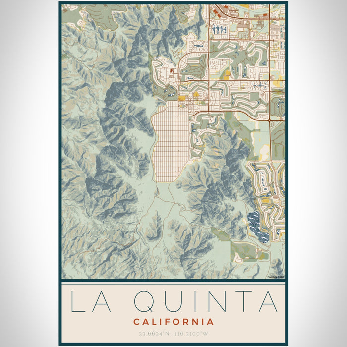 La Quinta California Map Print Portrait Orientation in Woodblock Style With Shaded Background