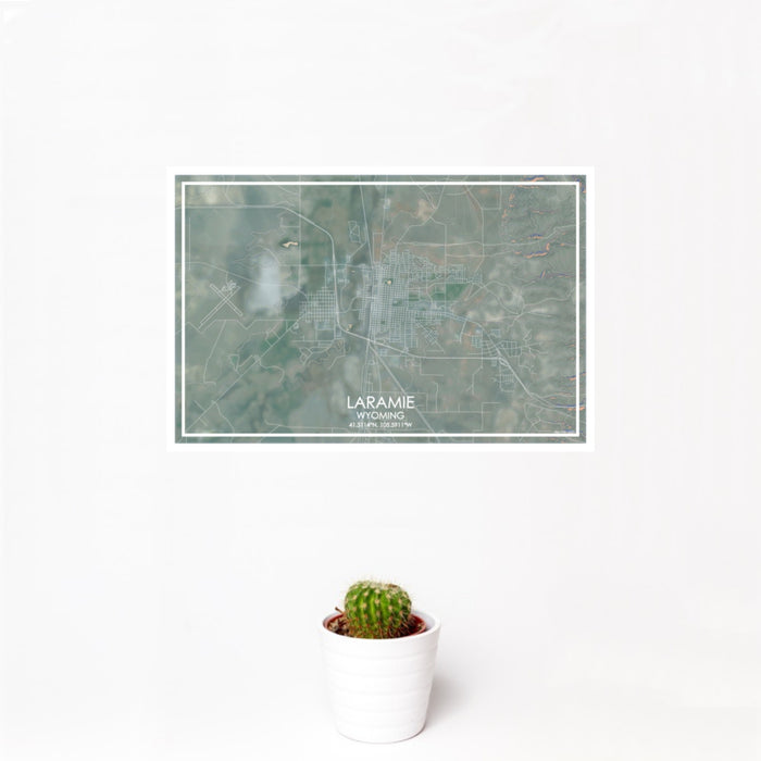 12x18 Laramie Wyoming Map Print Landscape Orientation in Afternoon Style With Small Cactus Plant in White Planter