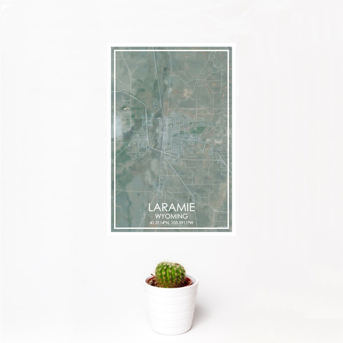 12x18 Laramie Wyoming Map Print Portrait Orientation in Afternoon Style With Small Cactus Plant in White Planter