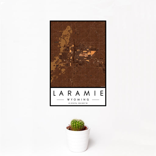 12x18 Laramie Wyoming Map Print Portrait Orientation in Ember Style With Small Cactus Plant in White Planter