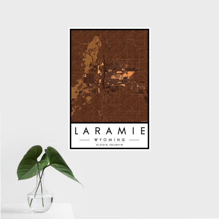 16x24 Laramie Wyoming Map Print Portrait Orientation in Ember Style With Tropical Plant Leaves in Water