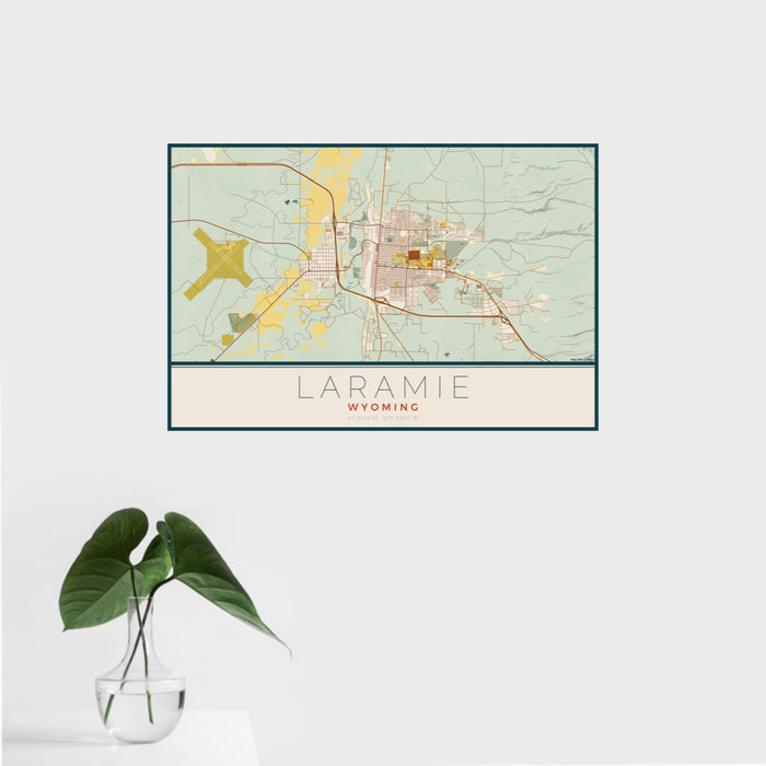 16x24 Laramie Wyoming Map Print Landscape Orientation in Woodblock Style With Tropical Plant Leaves in Water