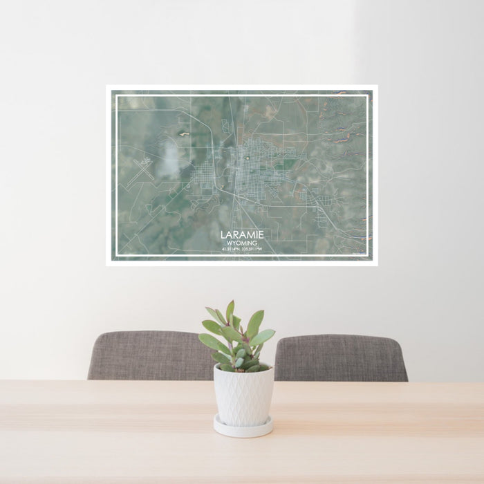 24x36 Laramie Wyoming Map Print Lanscape Orientation in Afternoon Style Behind 2 Chairs Table and Potted Plant