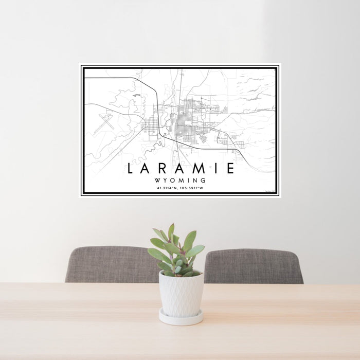 24x36 Laramie Wyoming Map Print Lanscape Orientation in Classic Style Behind 2 Chairs Table and Potted Plant