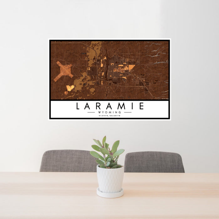 24x36 Laramie Wyoming Map Print Lanscape Orientation in Ember Style Behind 2 Chairs Table and Potted Plant