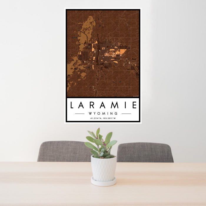 24x36 Laramie Wyoming Map Print Portrait Orientation in Ember Style Behind 2 Chairs Table and Potted Plant