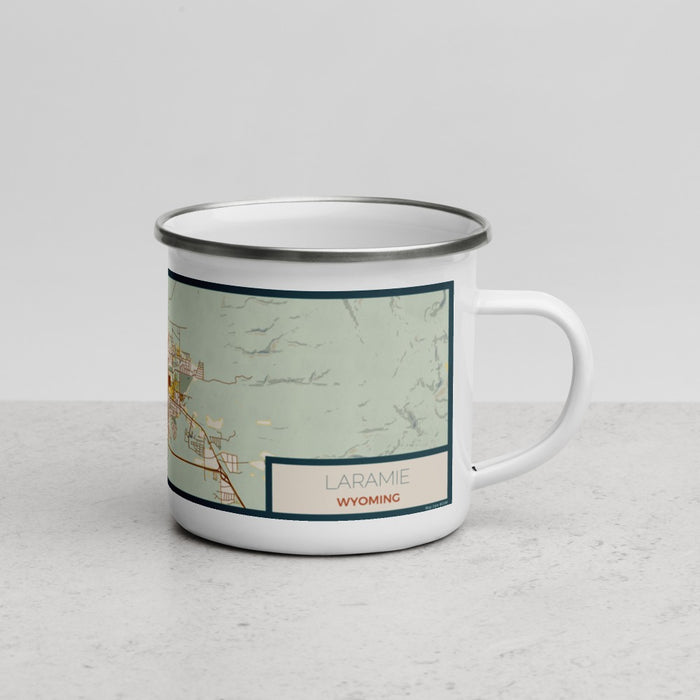 Right View Custom Laramie Wyoming Map Enamel Mug in Woodblock