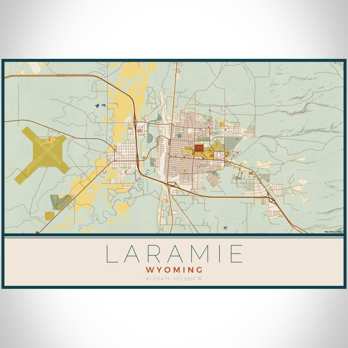 Laramie Wyoming Map Print Landscape Orientation in Woodblock Style With Shaded Background