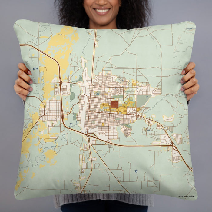 Person holding 22x22 Custom Laramie Wyoming Map Throw Pillow in Woodblock