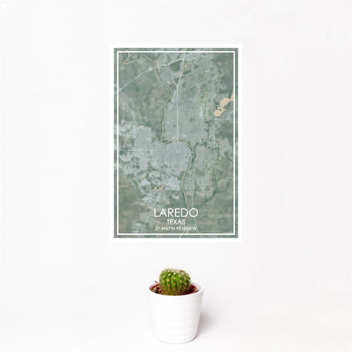 12x18 Laredo Texas Map Print Portrait Orientation in Afternoon Style With Small Cactus Plant in White Planter