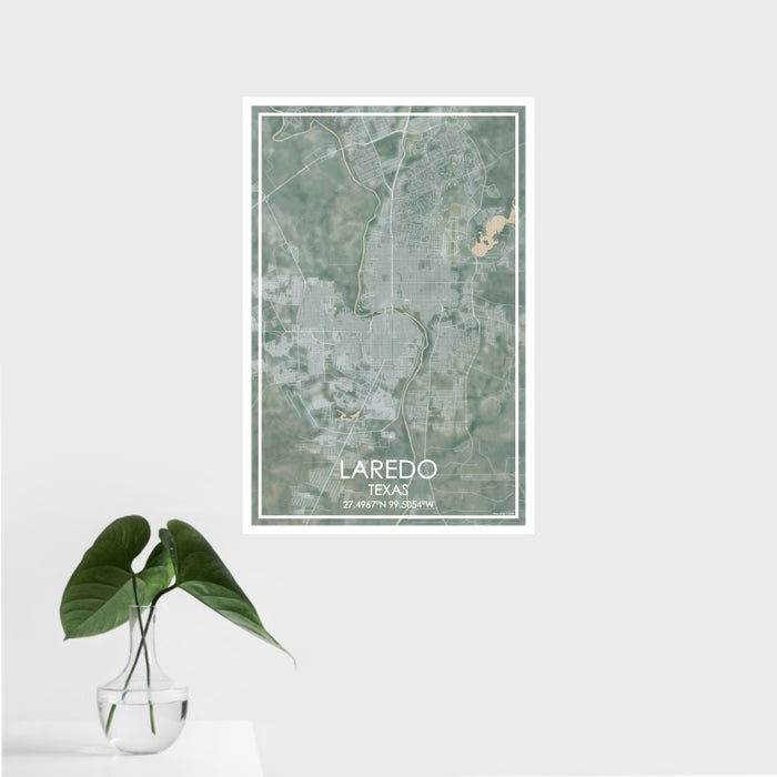 16x24 Laredo Texas Map Print Portrait Orientation in Afternoon Style With Tropical Plant Leaves in Water