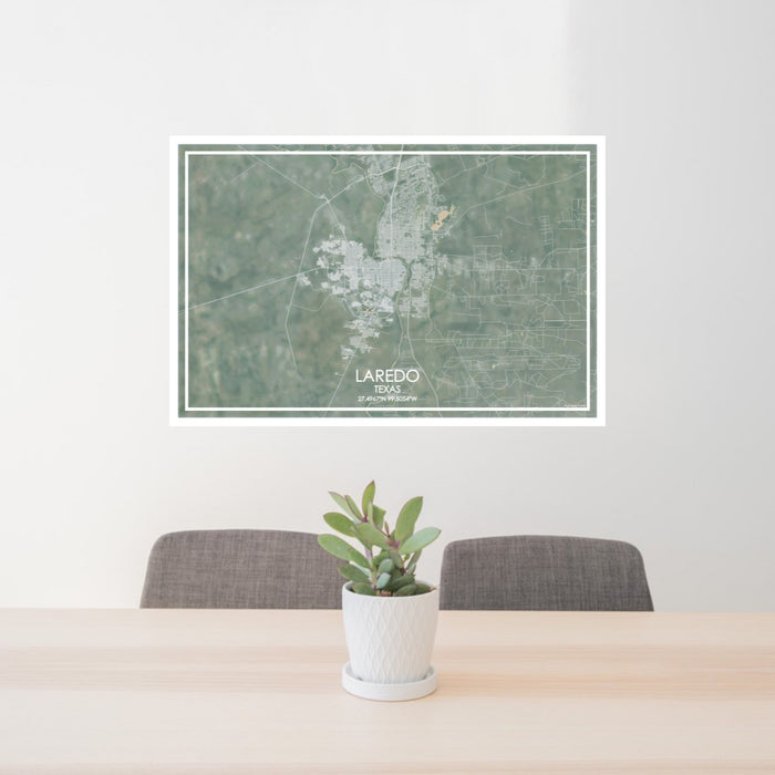 24x36 Laredo Texas Map Print Lanscape Orientation in Afternoon Style Behind 2 Chairs Table and Potted Plant