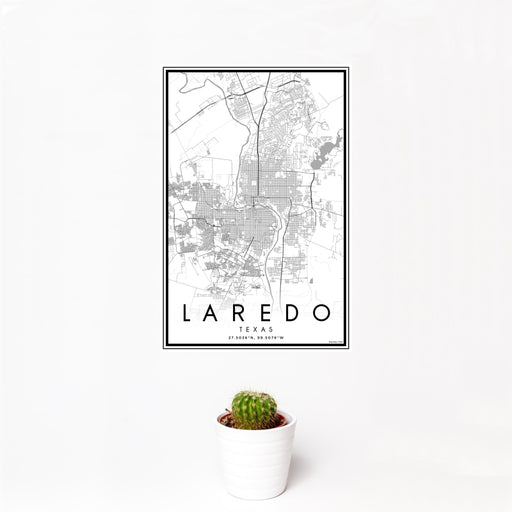 12x18 Laredo Texas Map Print Portrait Orientation in Classic Style With Small Cactus Plant in White Planter