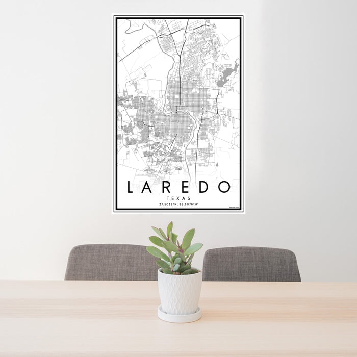 24x36 Laredo Texas Map Print Portrait Orientation in Classic Style Behind 2 Chairs Table and Potted Plant