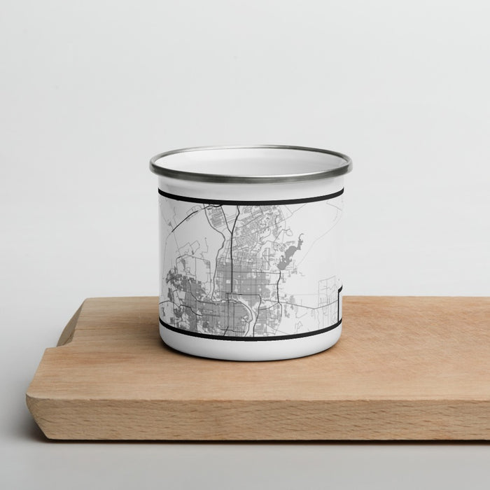 Front View Custom Laredo Texas Map Enamel Mug in Classic on Cutting Board