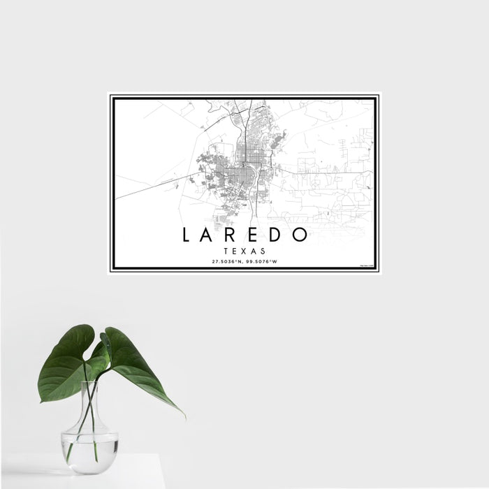 16x24 Laredo Texas Map Print Landscape Orientation in Classic Style With Tropical Plant Leaves in Water