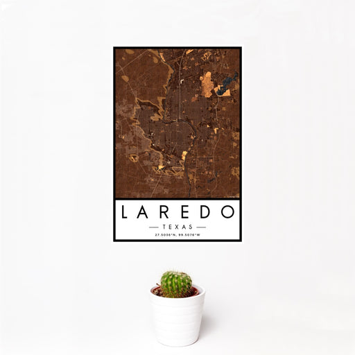 12x18 Laredo Texas Map Print Portrait Orientation in Ember Style With Small Cactus Plant in White Planter