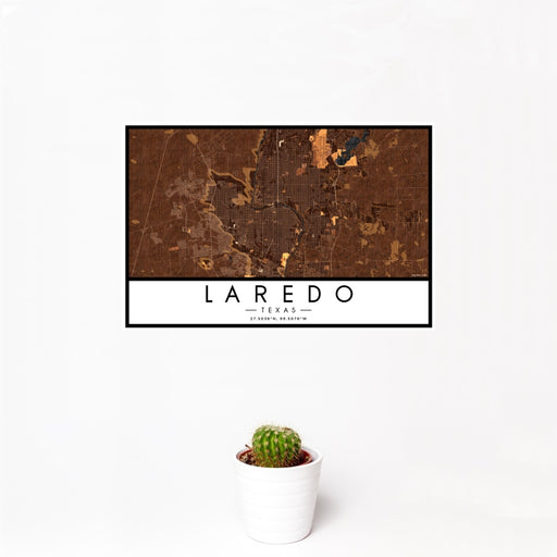 12x18 Laredo Texas Map Print Landscape Orientation in Ember Style With Small Cactus Plant in White Planter