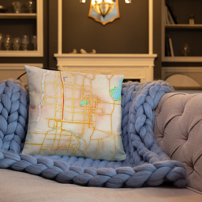 Custom Laredo Texas Map Throw Pillow in Watercolor on Cream Colored Couch