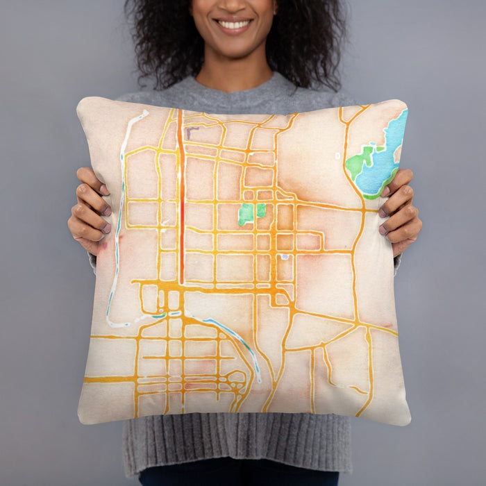 Person holding 18x18 Custom Laredo Texas Map Throw Pillow in Watercolor