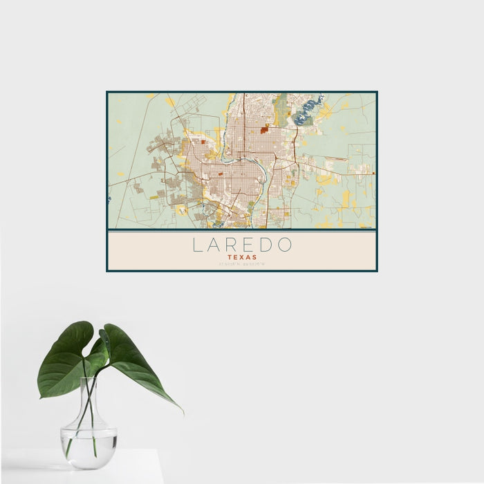16x24 Laredo Texas Map Print Landscape Orientation in Woodblock Style With Tropical Plant Leaves in Water