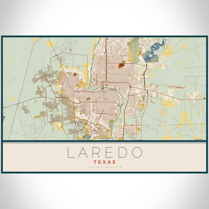 Laredo Texas Map Print Landscape Orientation in Woodblock Style With Shaded Background