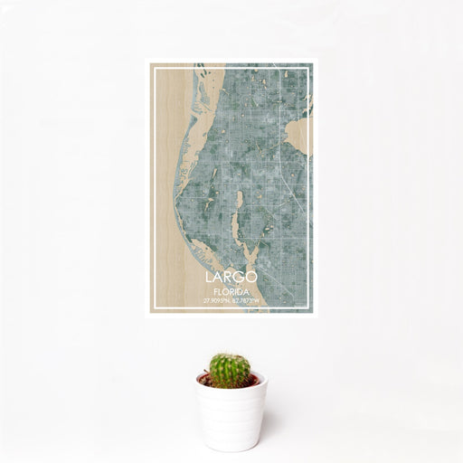 12x18 Largo Florida Map Print Portrait Orientation in Afternoon Style With Small Cactus Plant in White Planter